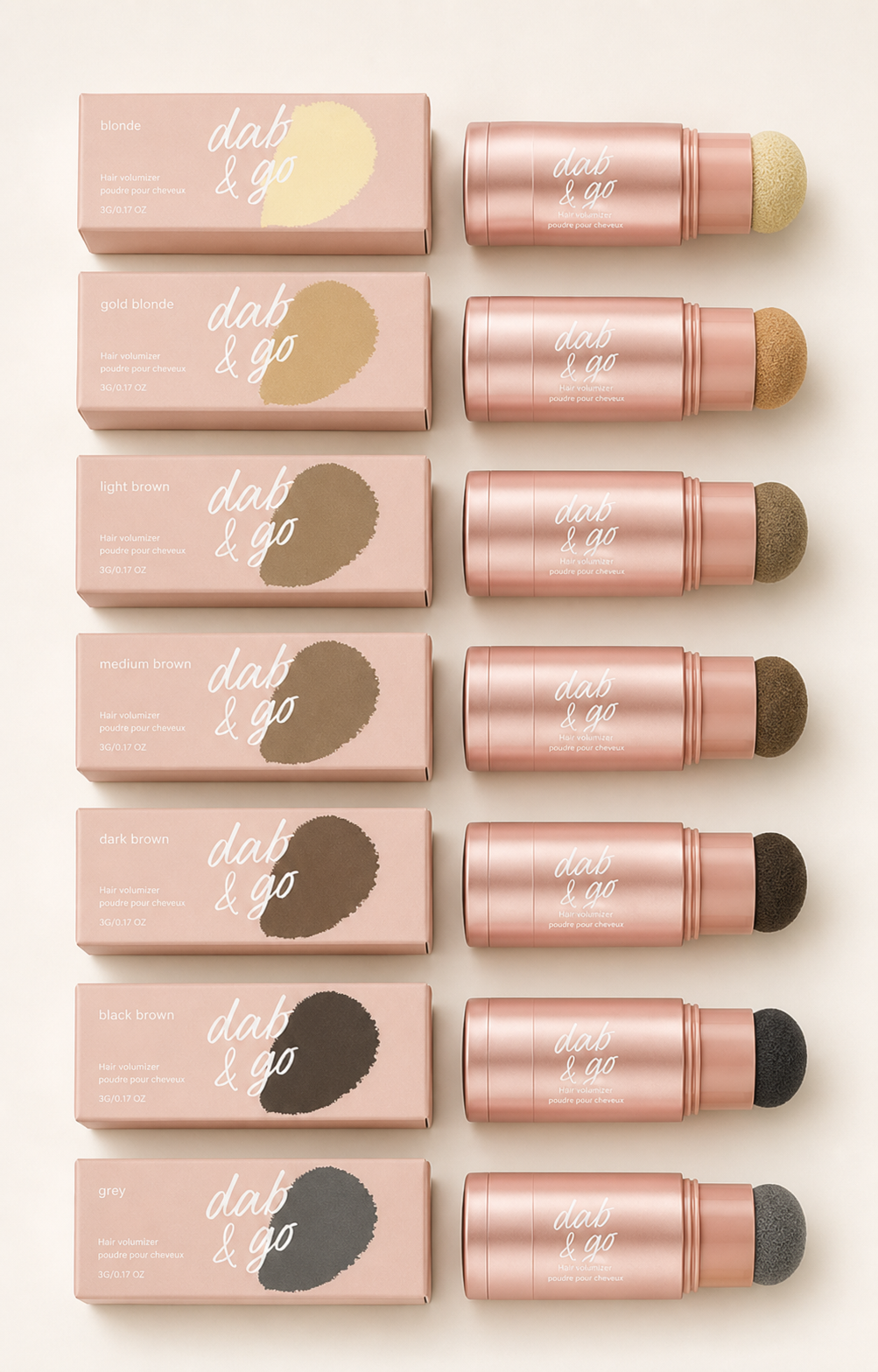 Seven shades of fine powder in portable sponge applicator tubes