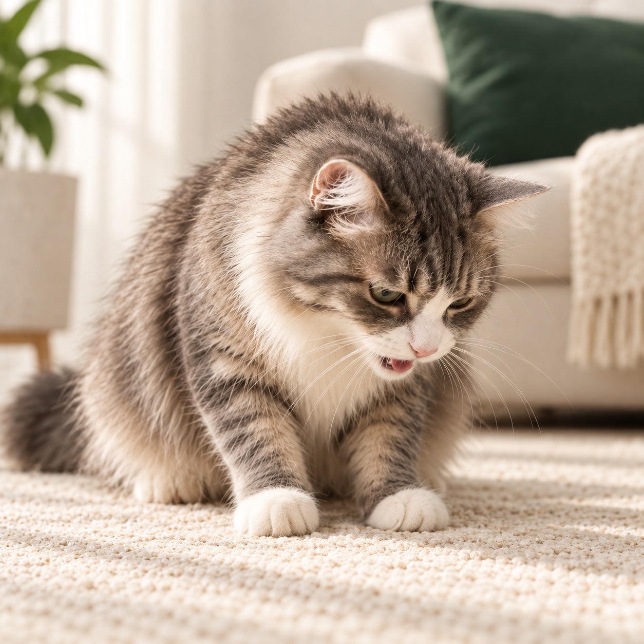 Tabby cat crouching on a cream rug