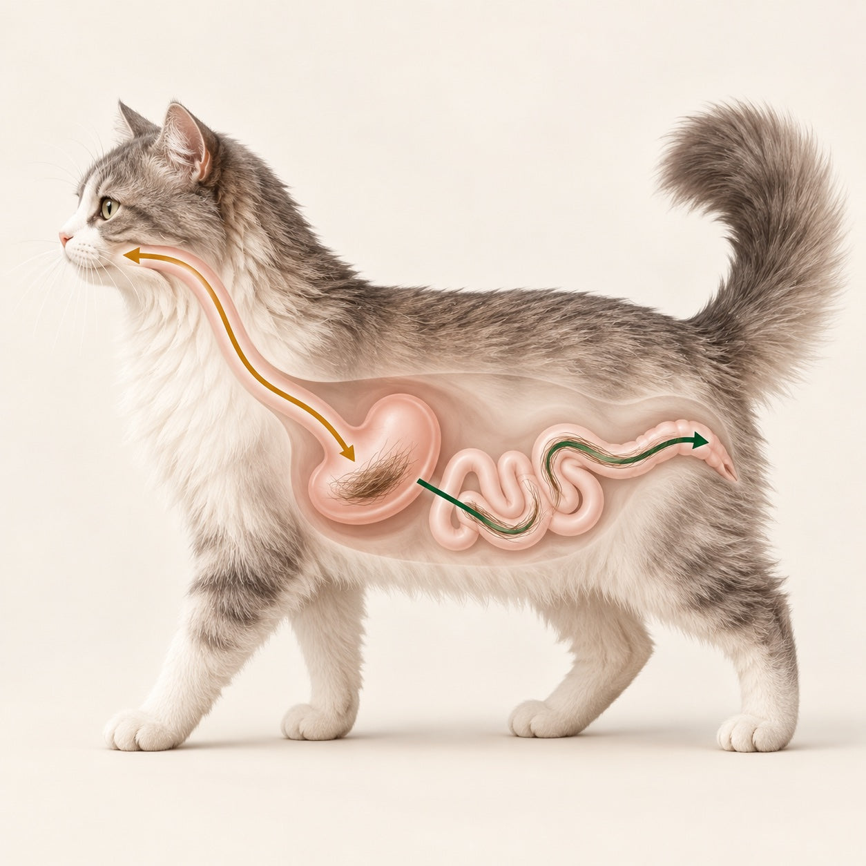 Illustration of swallowed fur in a cat stomach and digestive tract