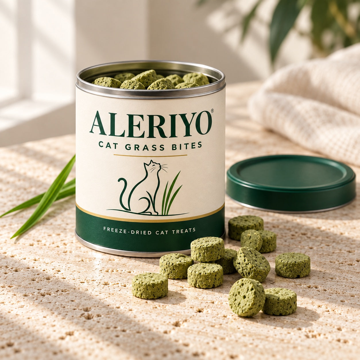 Open Aleriyo tin with green freeze-dried cat grass bites