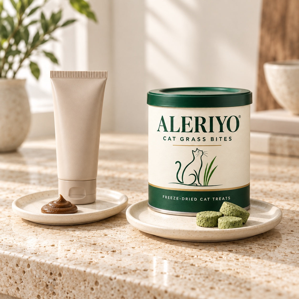 Malt paste tube and Aleriyo cat grass bites shown side by side
