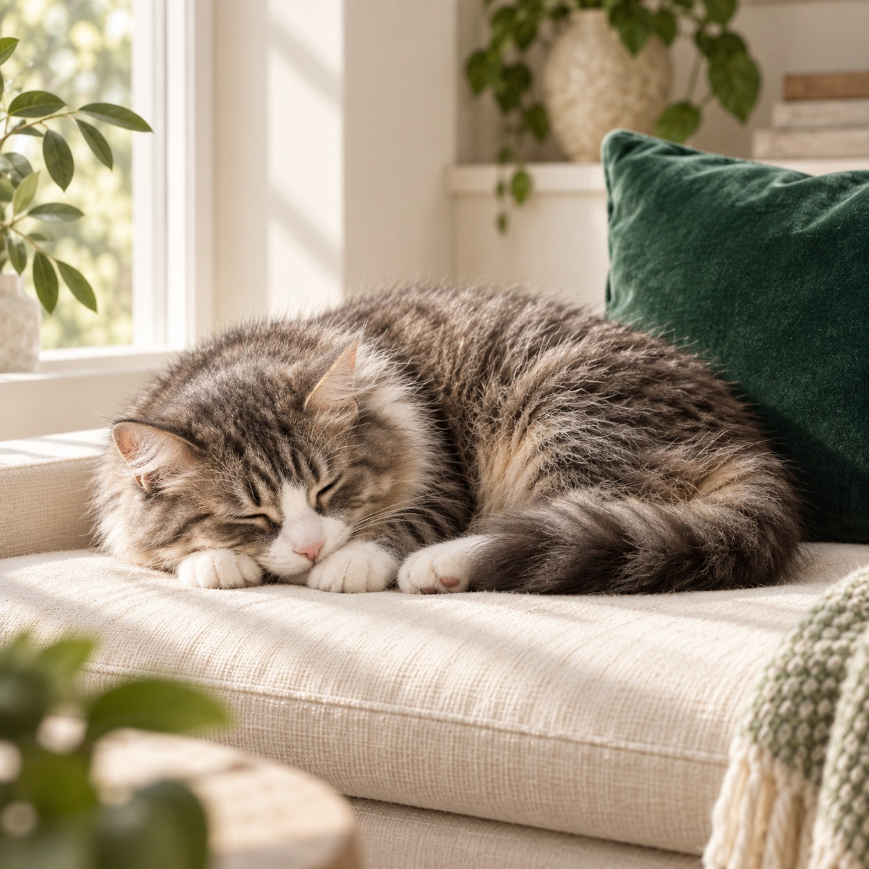 Tabby cat sleeping on a cream window seat