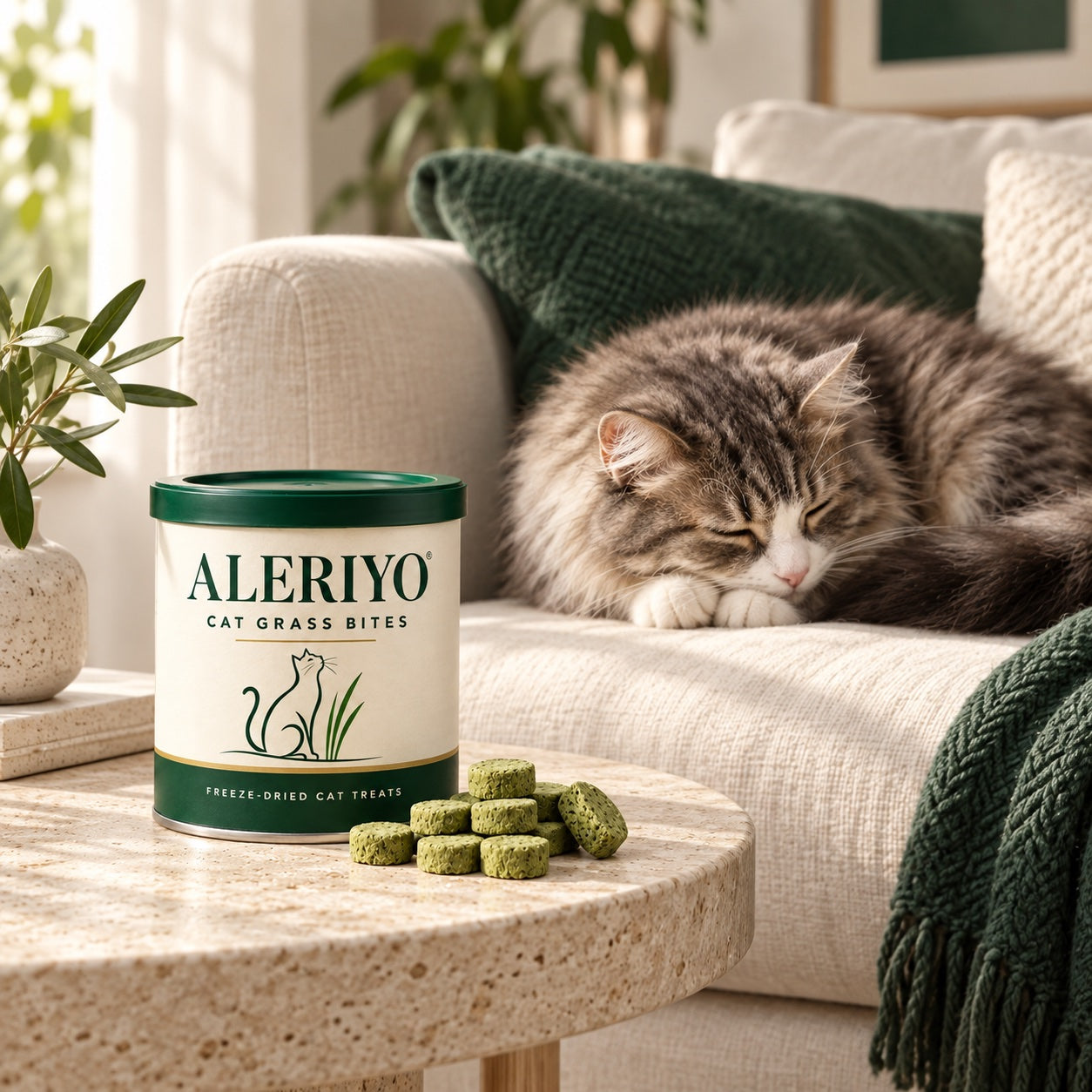 Aleriyo tin on a side table beside a resting tabby cat