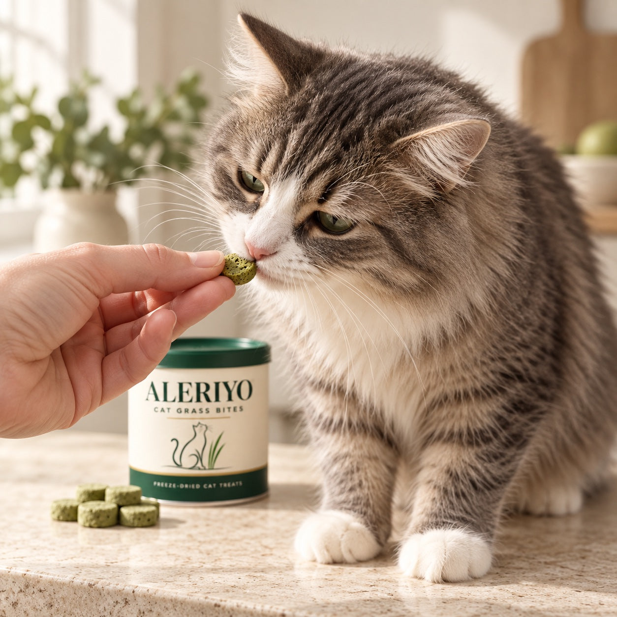 Tabby cat investigating a cat grass bite offered by hand