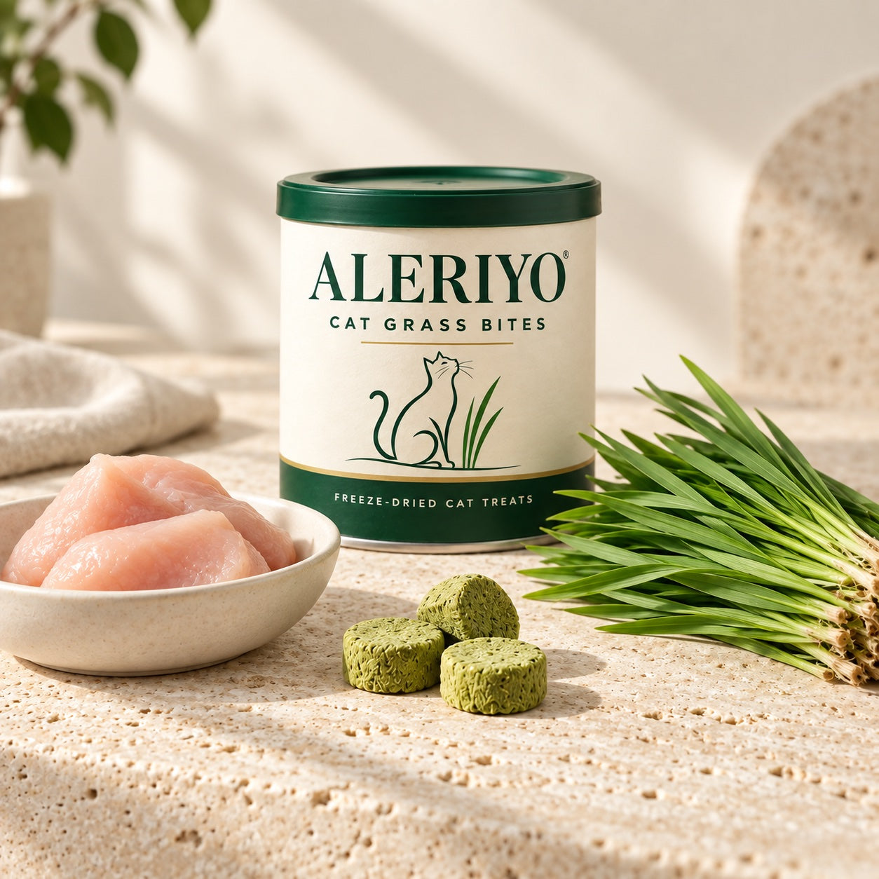 Aleriyo tin with chicken breast, barley grass and green treats