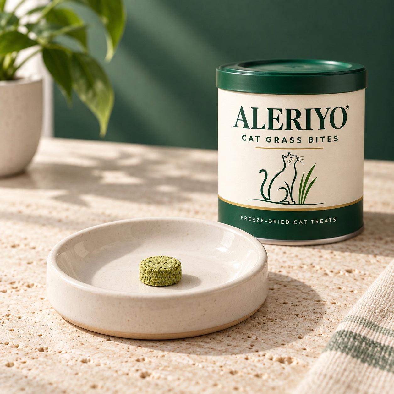 One green cat grass bite on a ceramic dish beside the Aleriyo tin