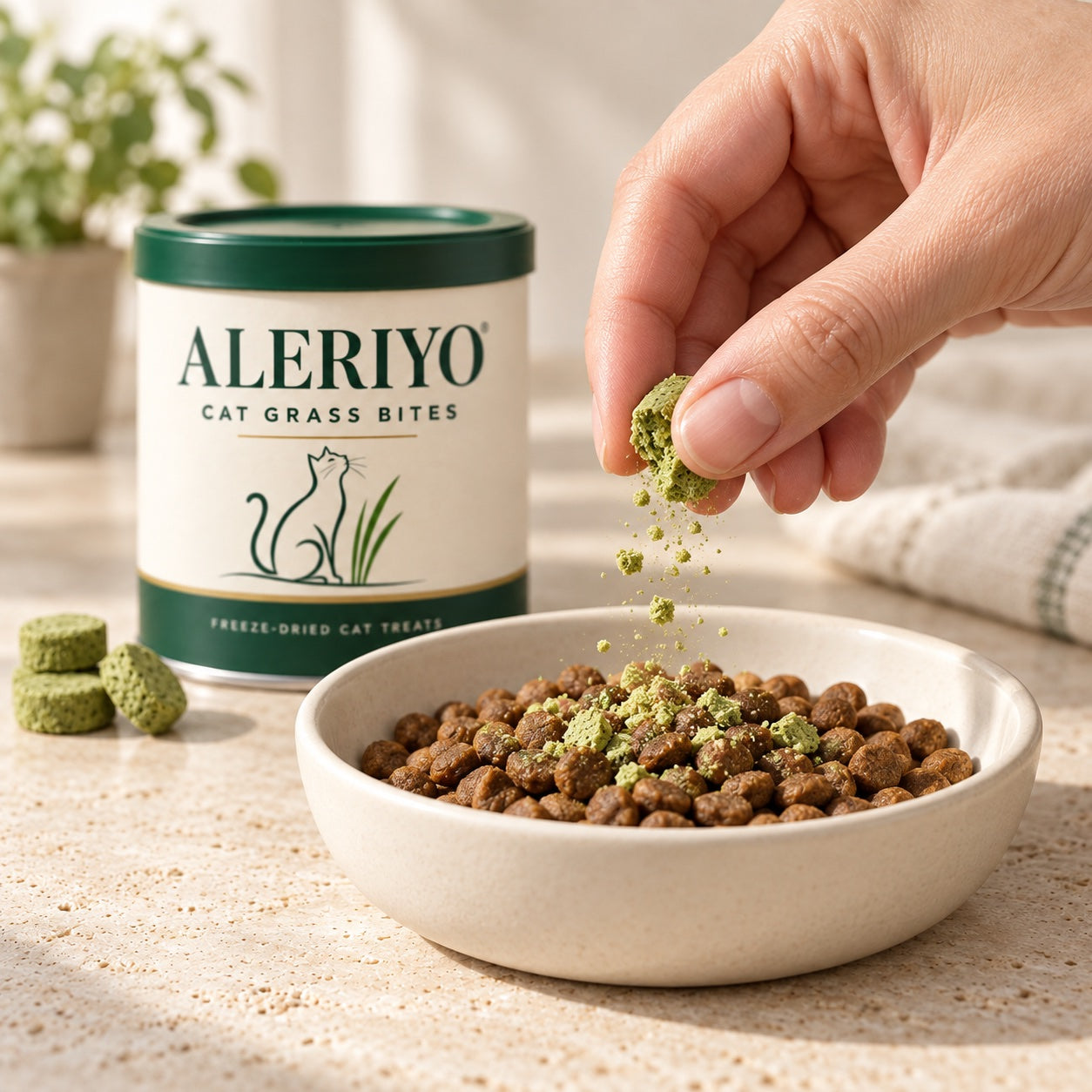 A freeze-dried cat grass bite being crumbled over cat food