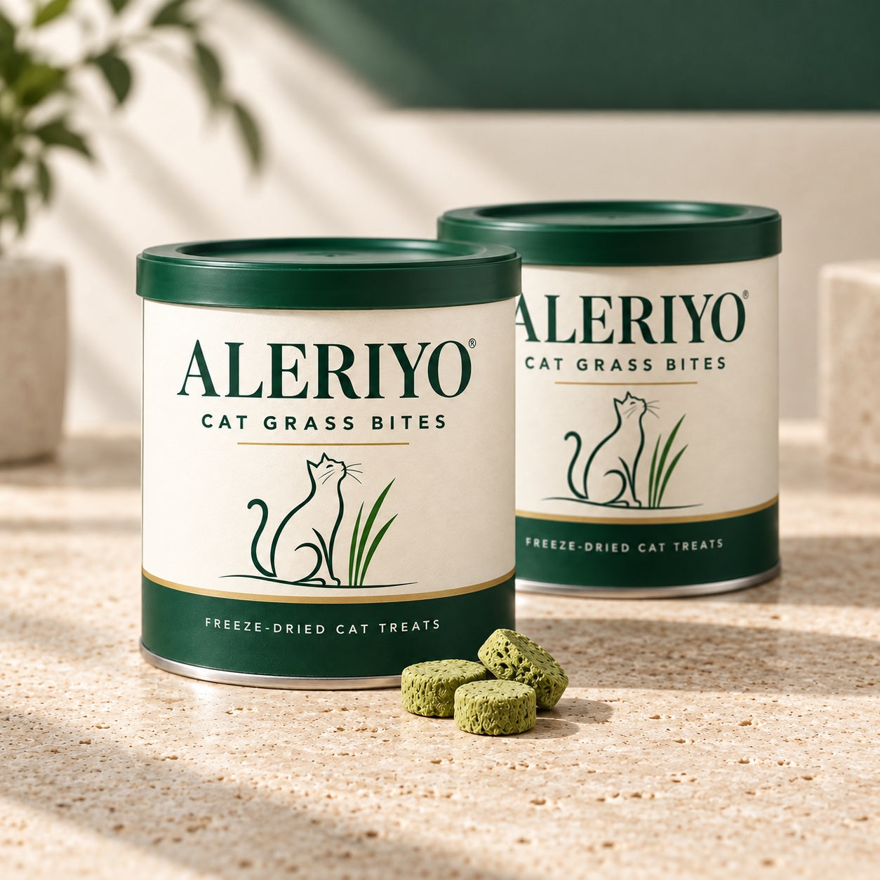 Two Aleriyo cat grass bite tins with green freeze-dried treats