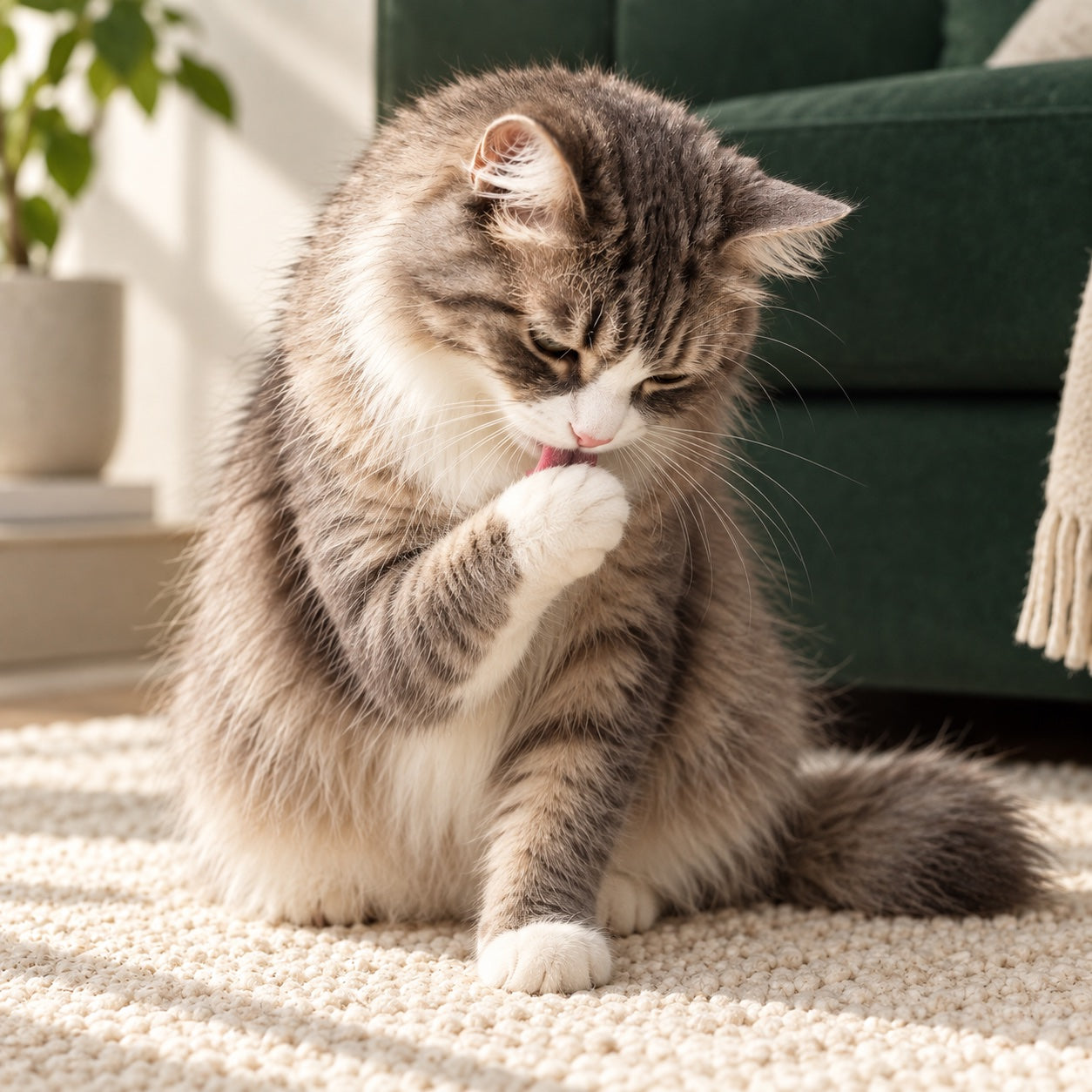 Tabby cat grooming its front paw