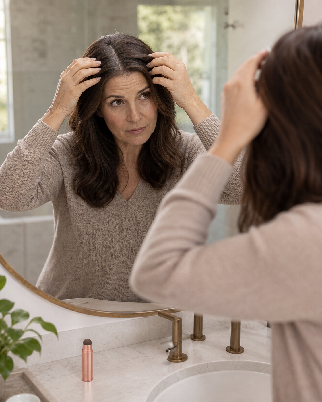 Woman checking grey regrowth between salon appointments